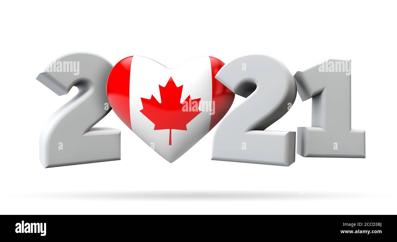Nuovo anno 2021 con la bandiera canadese cuore. Rendering 3D Foto Stock