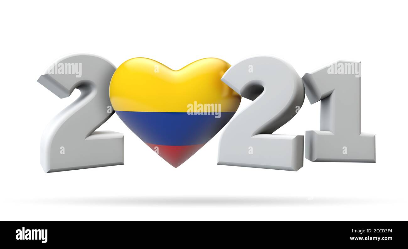 Nuovo anno 2021 con la bandiera colombia cuore. Rendering 3D Foto Stock