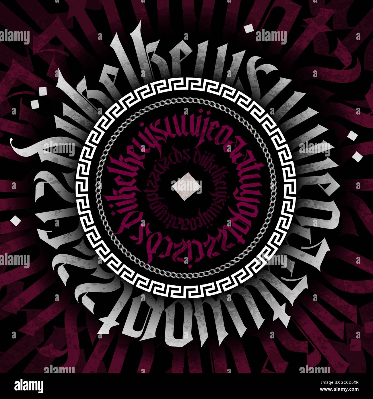 Astratto gotico di calligrafia bianca moderna su sfondo nero con catene d'argento. Pronto per stampe tessili. Foto Stock