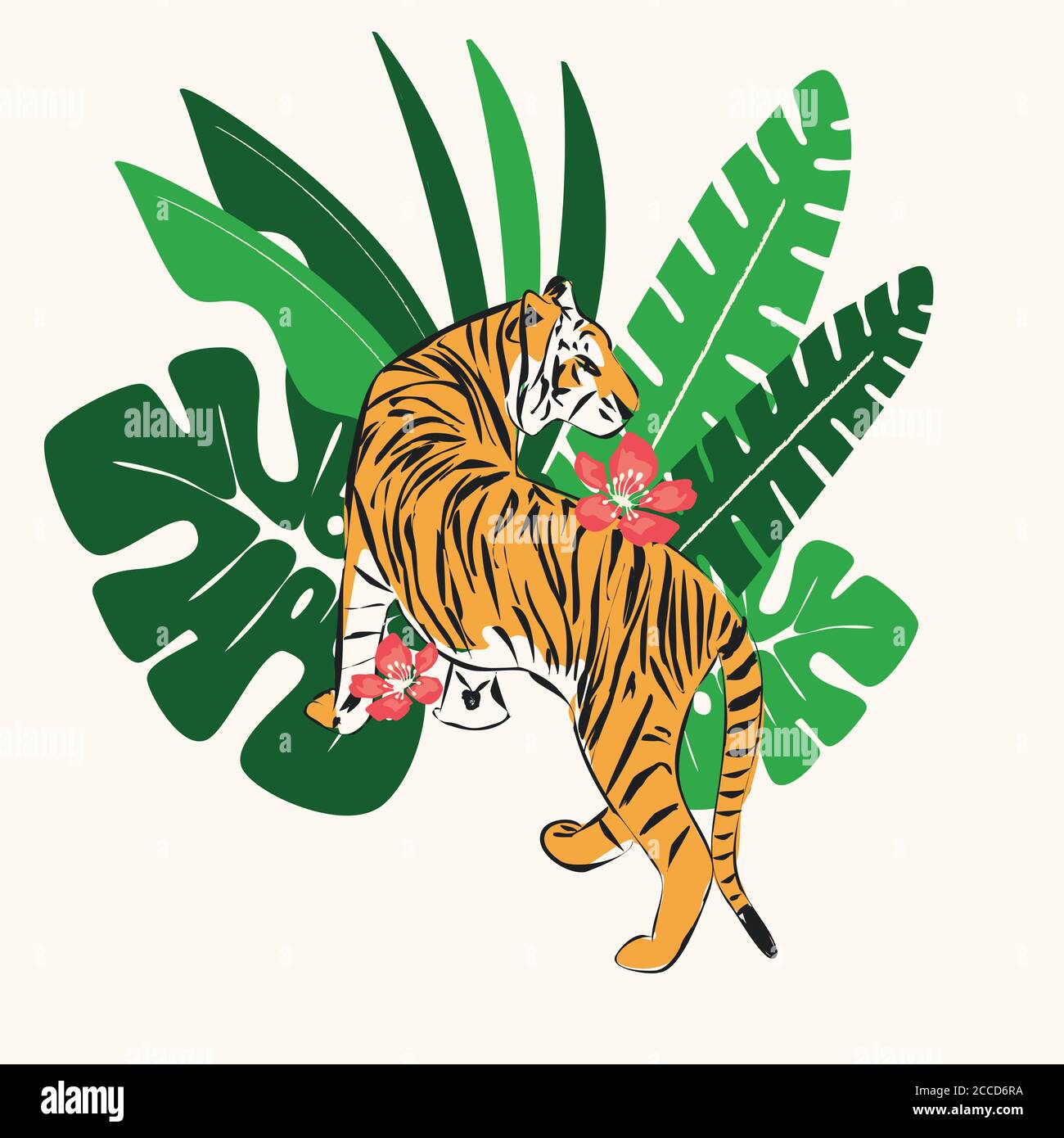 tigre disegnata a mano con foglie tropicali esotiche, illustrazione vettoriale piatta Illustrazione Vettoriale