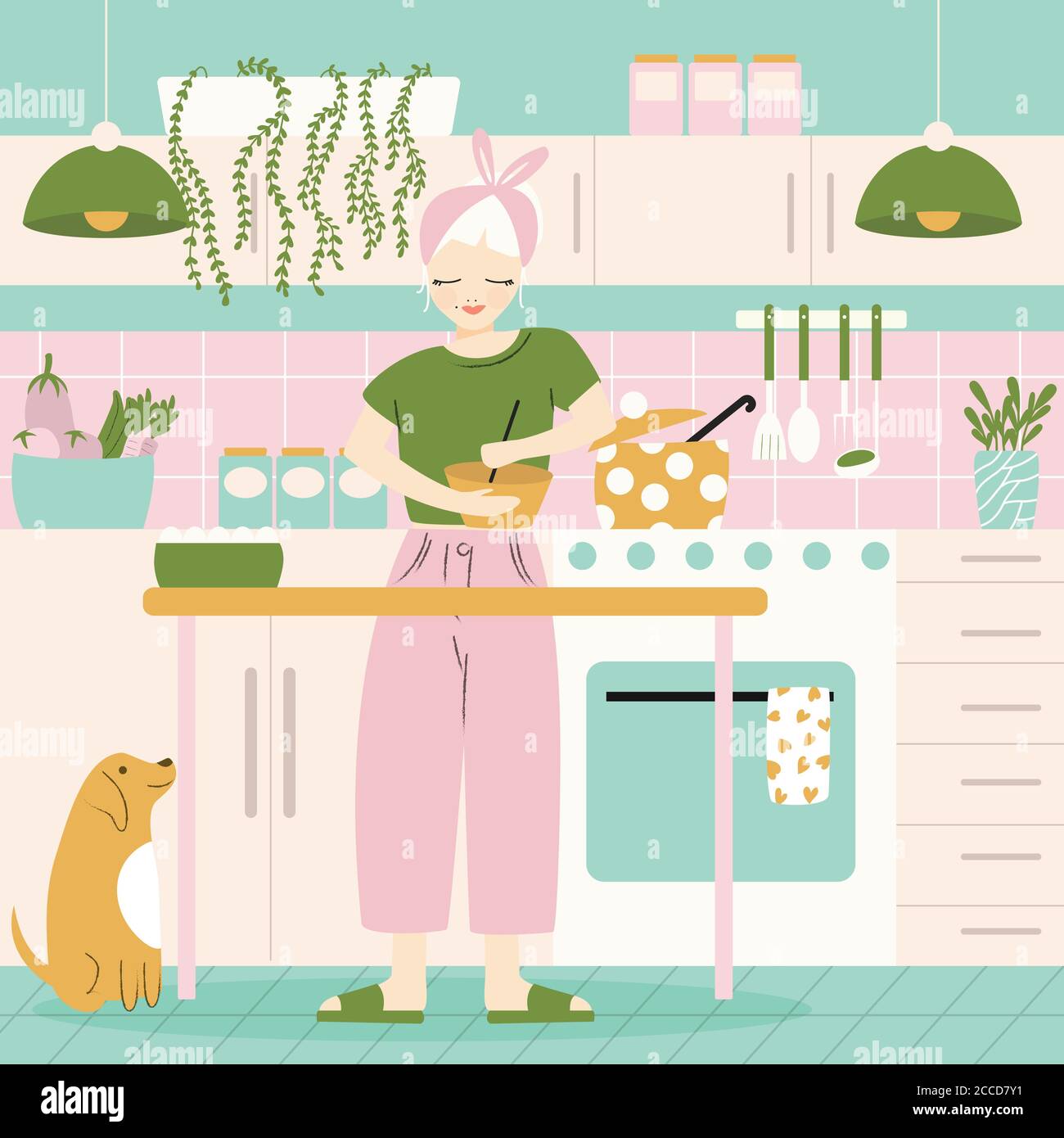 Una donna in cucina con cibo e cane. Atmosfera familiare, cibo sano, giornata mondiale del cibo. Illustrazione vettoriale piatta Illustrazione Vettoriale