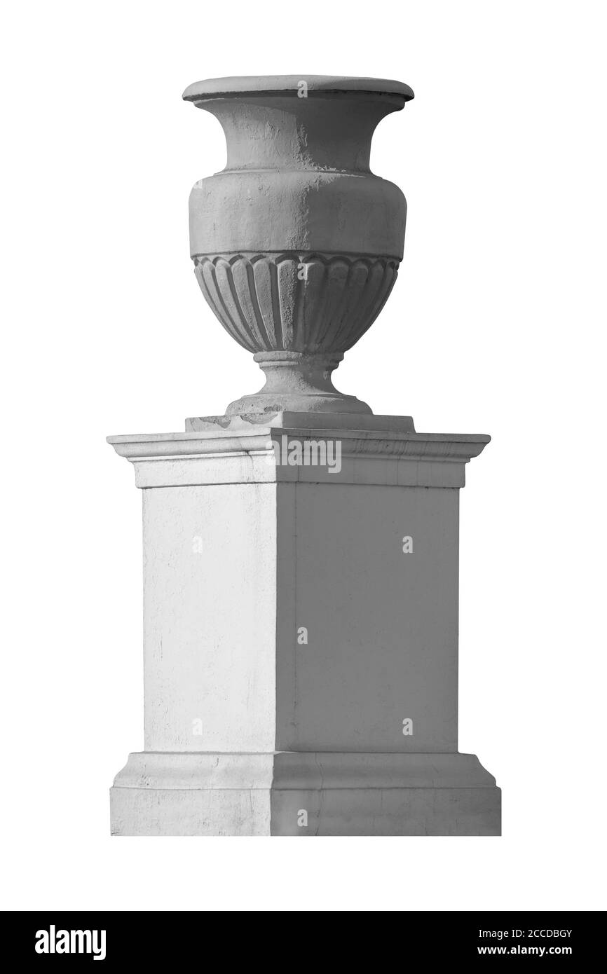 Elementi di decorazioni architettoniche di edifici, vasi di fiori e pommel per le strade di Minsk, luoghi pubblici. Foto Stock