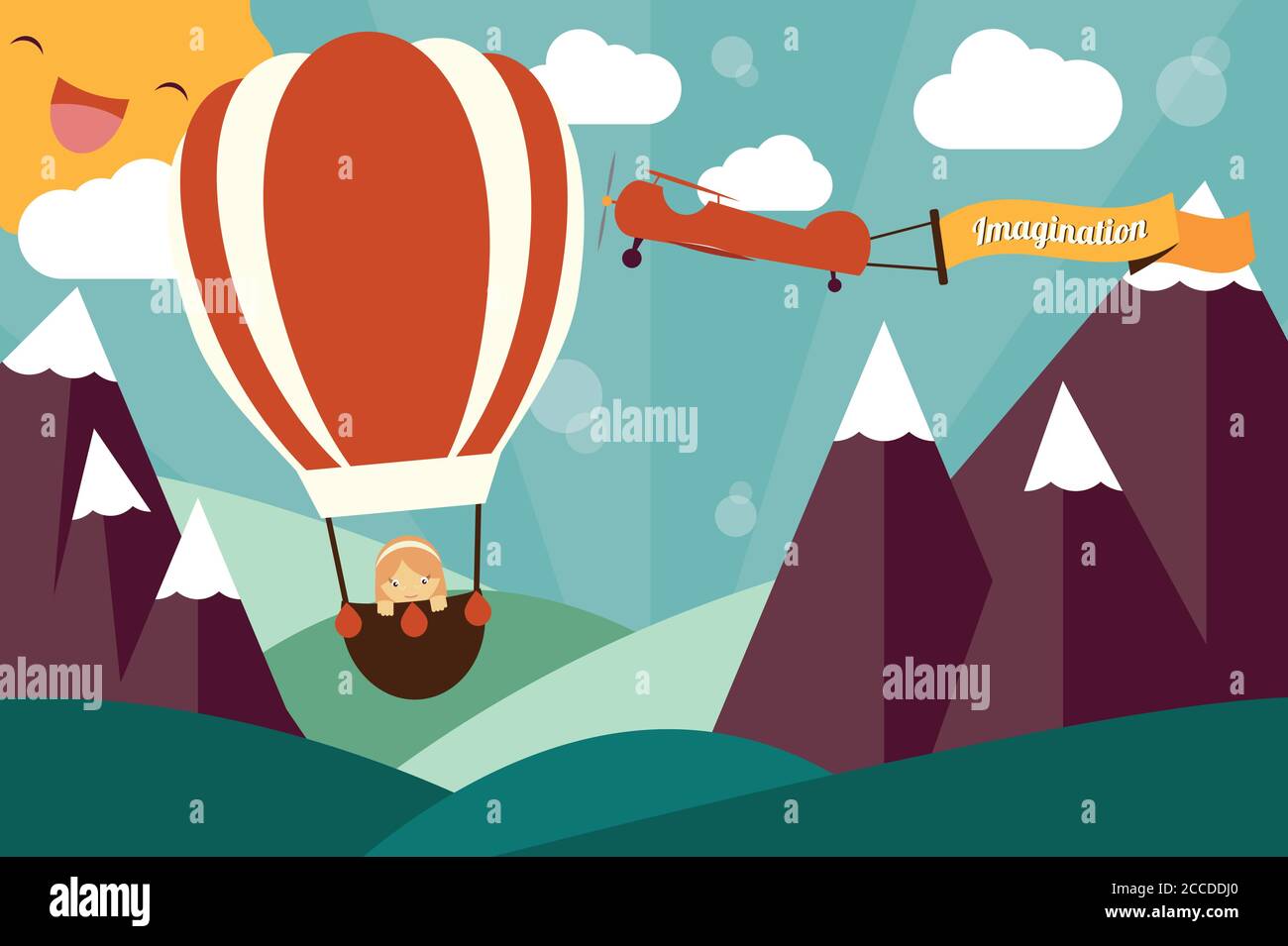Concetto di immaginazione - ragazza in mongolfiera, aeroplano con bandiera di immaginazione che vola Illustrazione Vettoriale