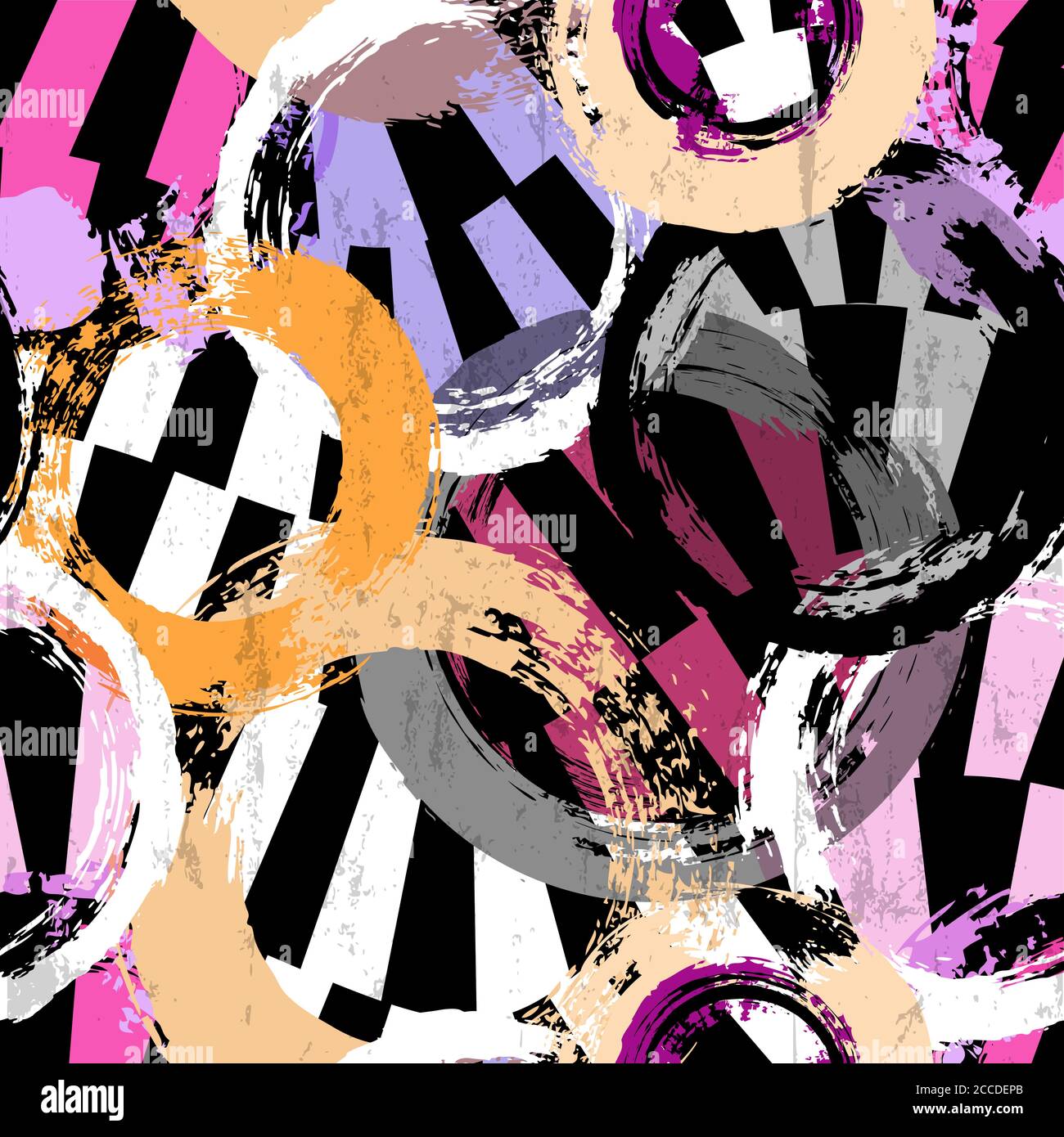 motivo di sfondo senza cuciture, con cerchi, tratti e schizzi, su bianco e nero Illustrazione Vettoriale