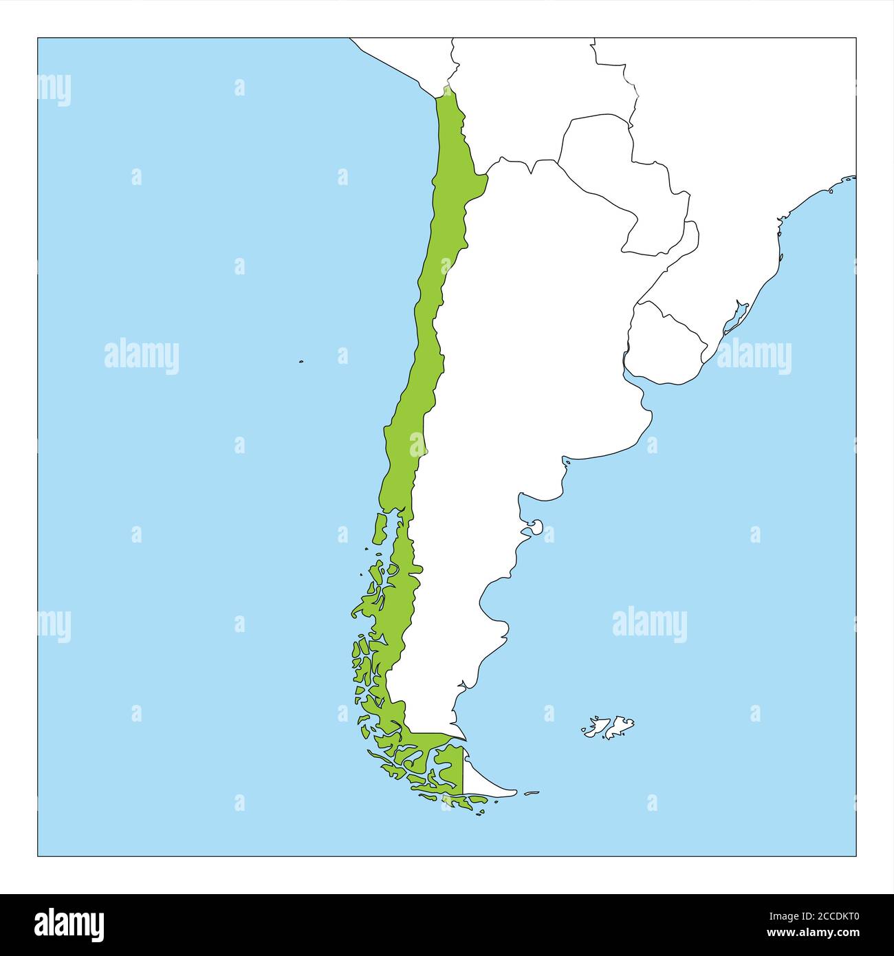 Mappa del Cile verde evidenziato con i paesi vicini. Illustrazione Vettoriale