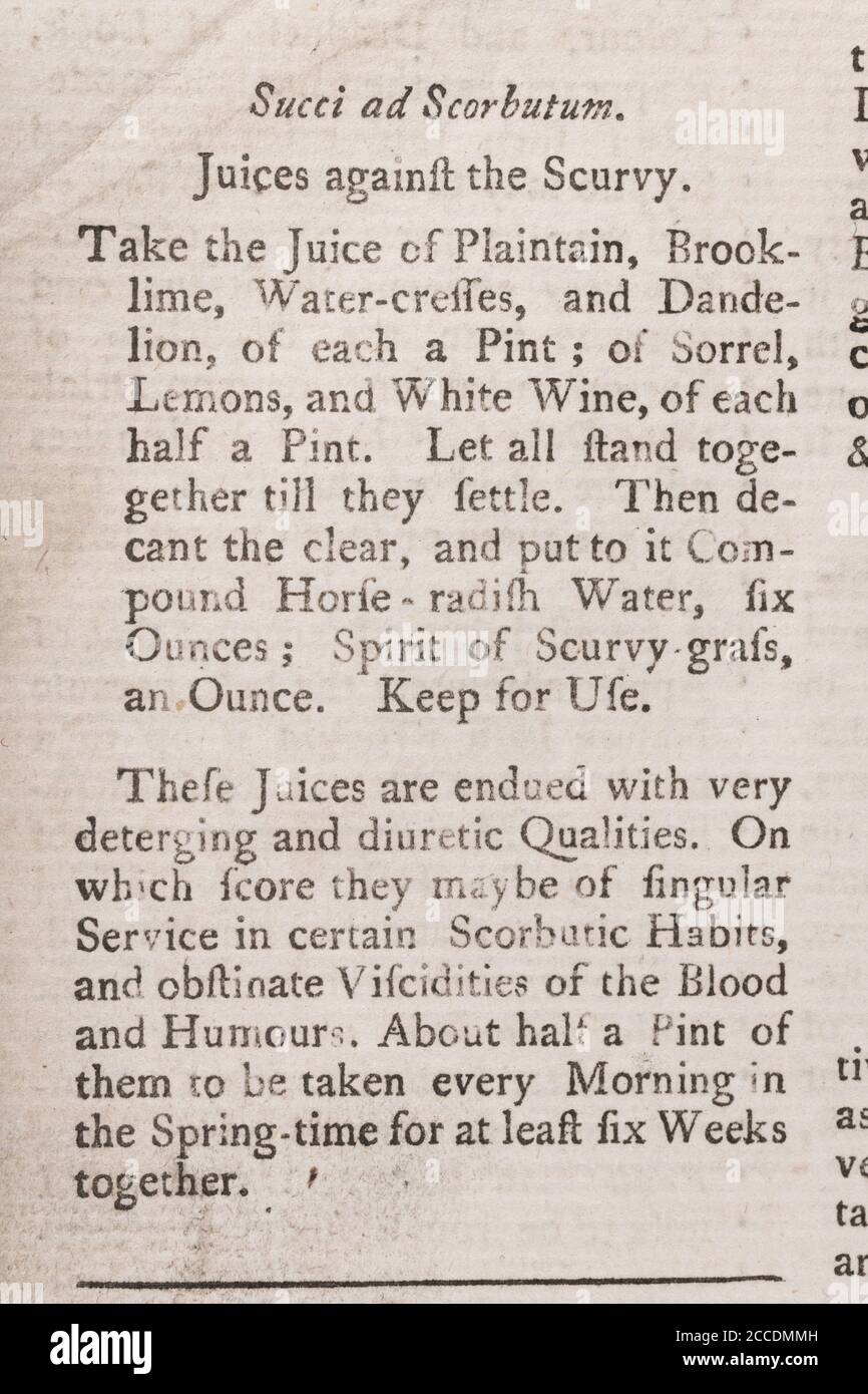 Covid Lockdown ha visto ricomparsa di casi di Scurvy con dieta carente di vitamina. ricetta del 18 ° secolo per rimedi scurvy. Vedere Aggiungi. Note per saperne di più Foto Stock