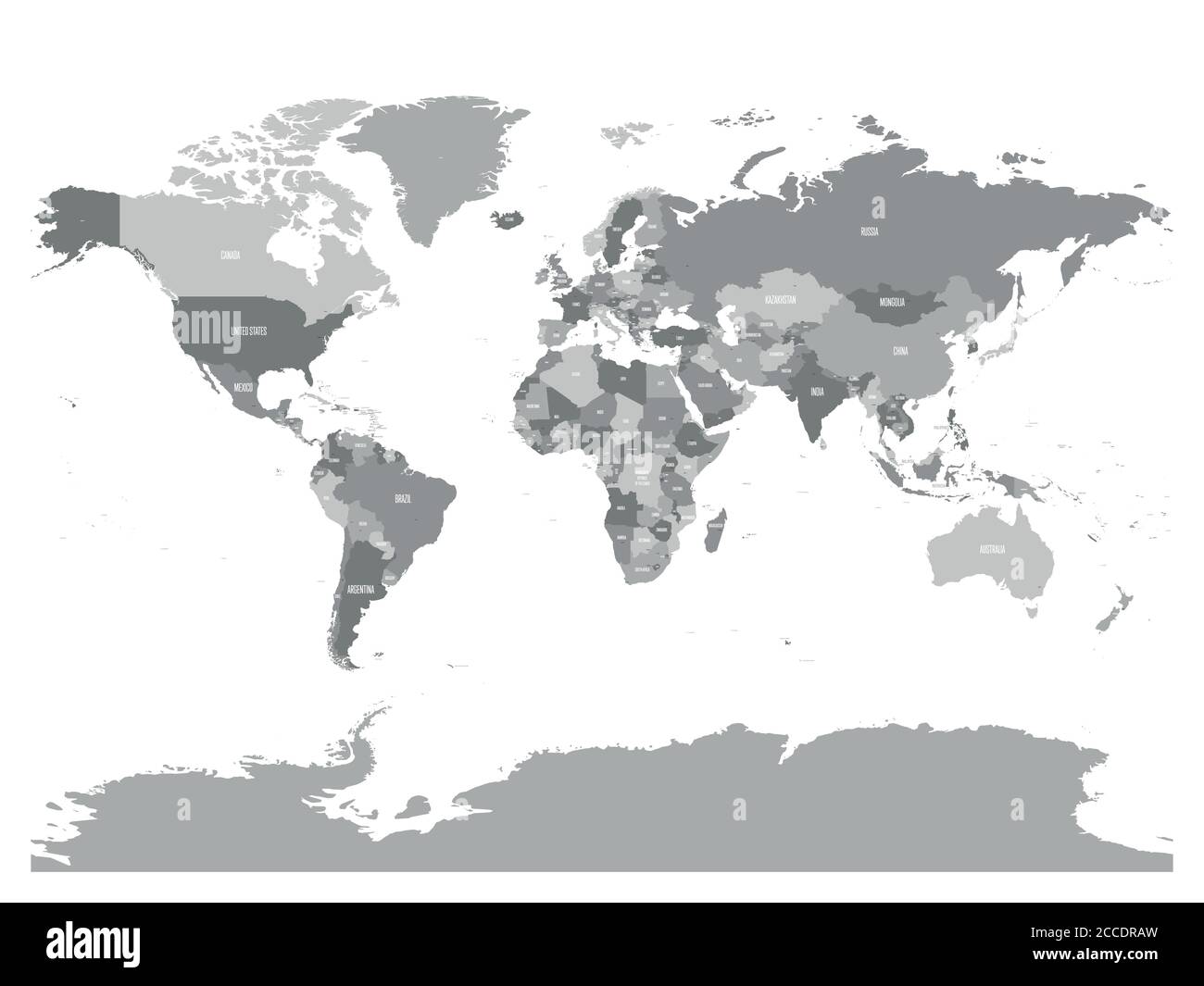 Mappa politica del mondo con nomi di paesi e capitali. Mappa vettoriale dei grigi. Illustrazione Vettoriale