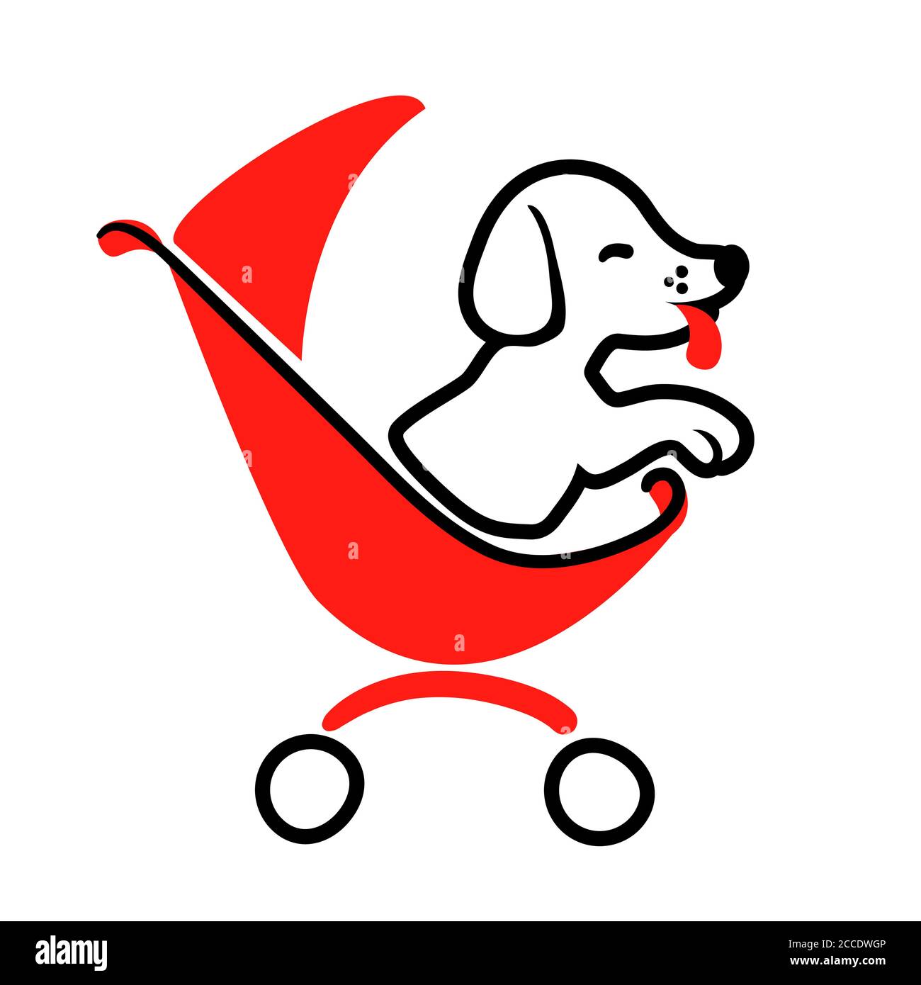 Logo Dog sitter in stile disegno su sfondo bianco per l'evidenziazione. Elemento isolato vettore icona animale da passeggio nel carrello. Illustrazione piatta del trasporto allo zoo. Divertente business cura degli animali concetto art. Illustrazione Vettoriale