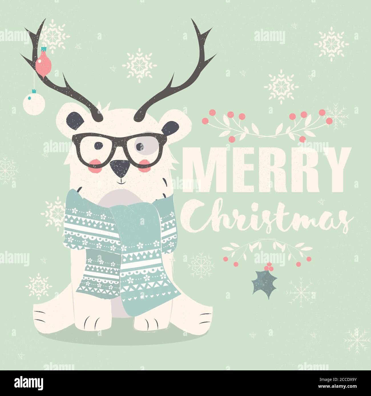 Allegra cartolina di Natale, orso polare hipster indossare occhiali e antlers, illustrazione vettoriale Illustrazione Vettoriale