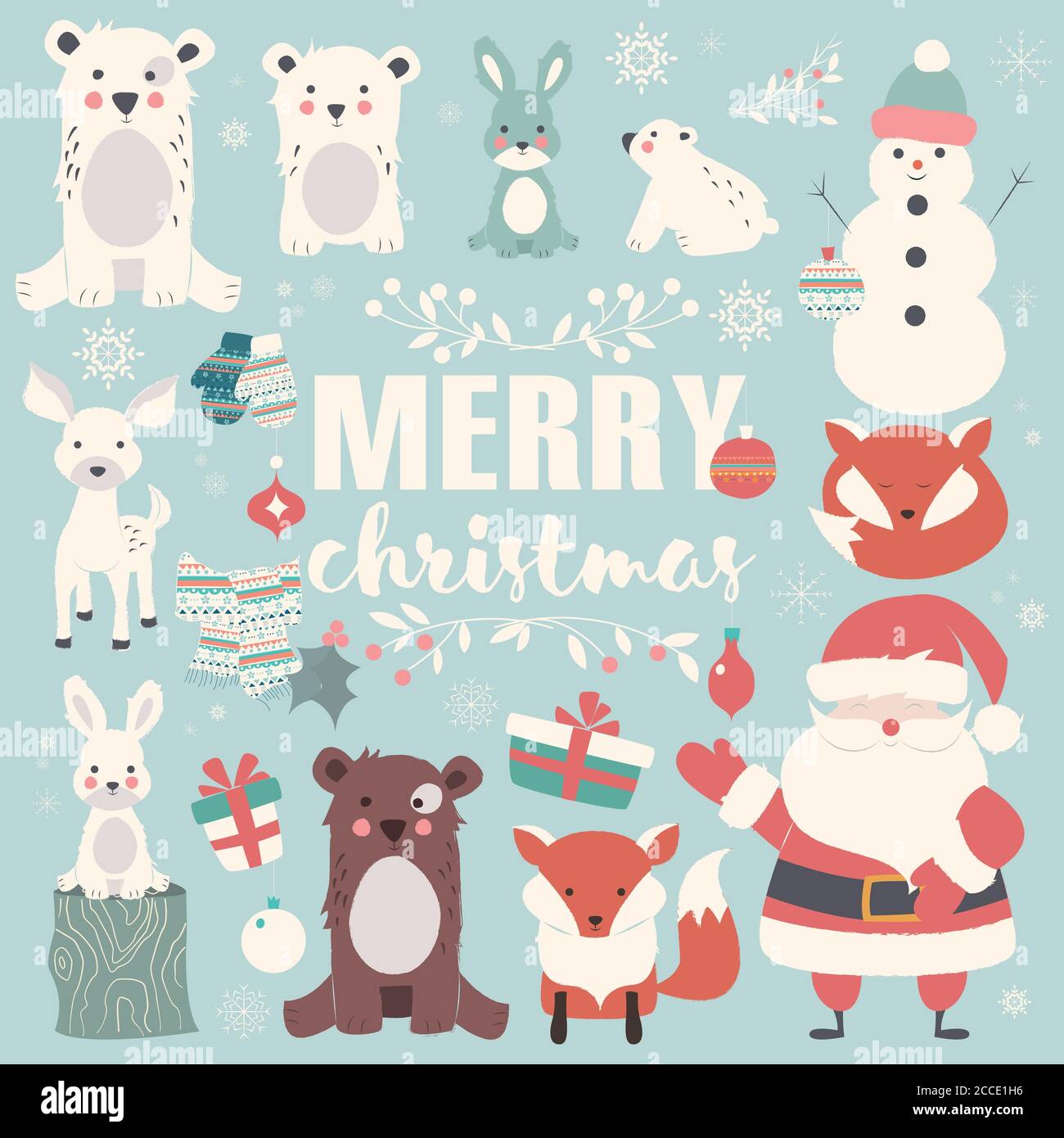 Collezione di animali di Natale, lettere e Babbo Natale, buon Natale, illustrazione vettoriale Illustrazione Vettoriale