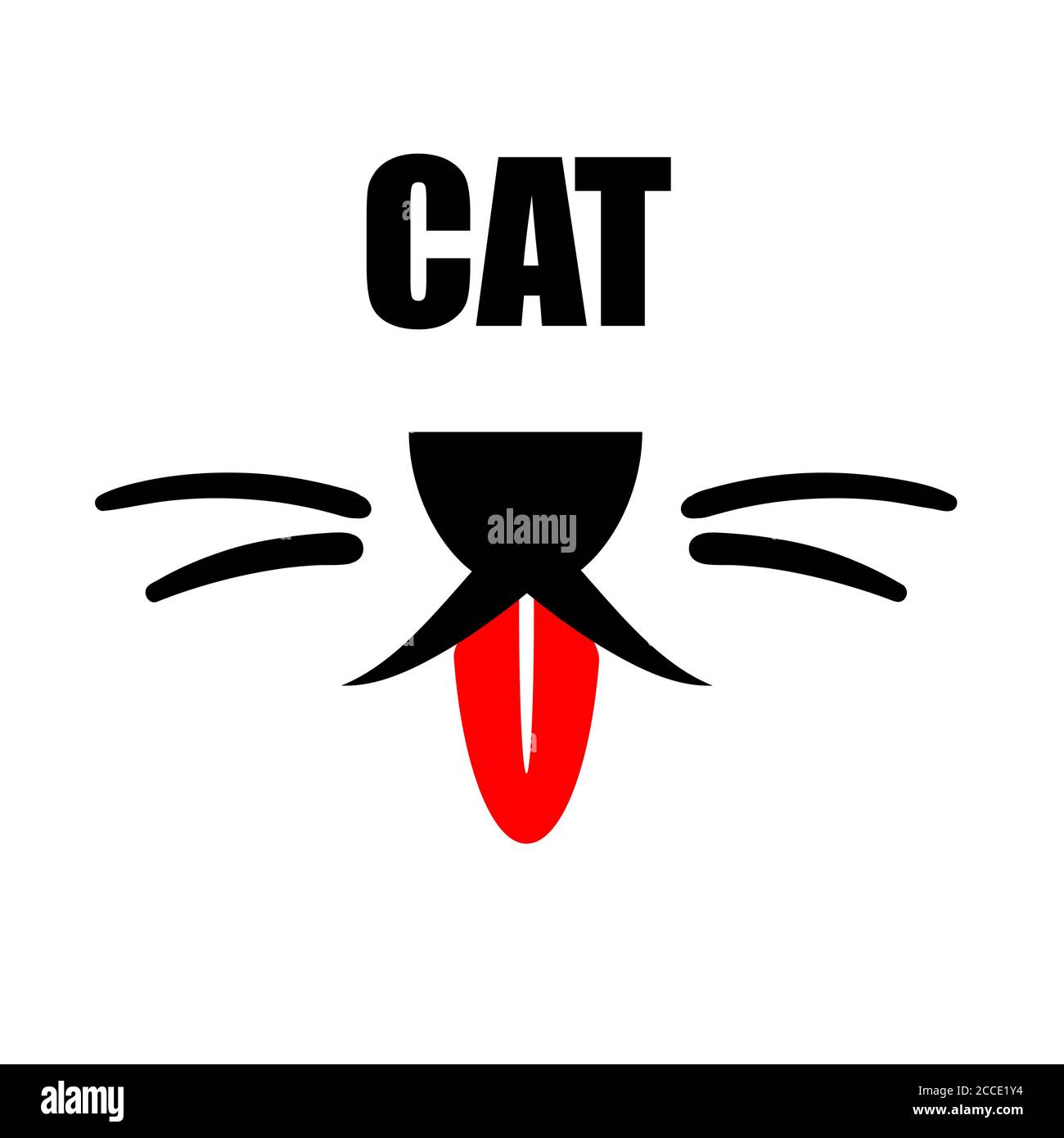 Cat con logo a lingua rossa. Carino animale domestico felice con il disegno della linea del viso del sorriso e testo dello spazio della copia. Vettore di elemento astratto piatto Kitty. Illustrazione dei caratteri grafici degli animali. Illustrazione Vettoriale
