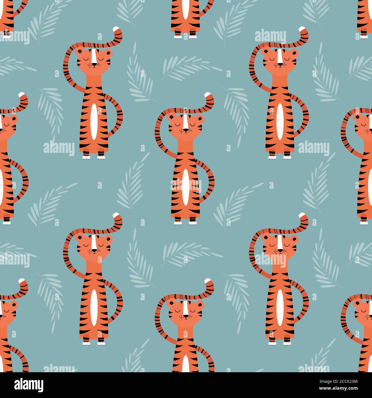 Modello senza cuciture con carina tigre arancione giungla su sfondo blu, illustrazione vettoriale Illustrazione Vettoriale