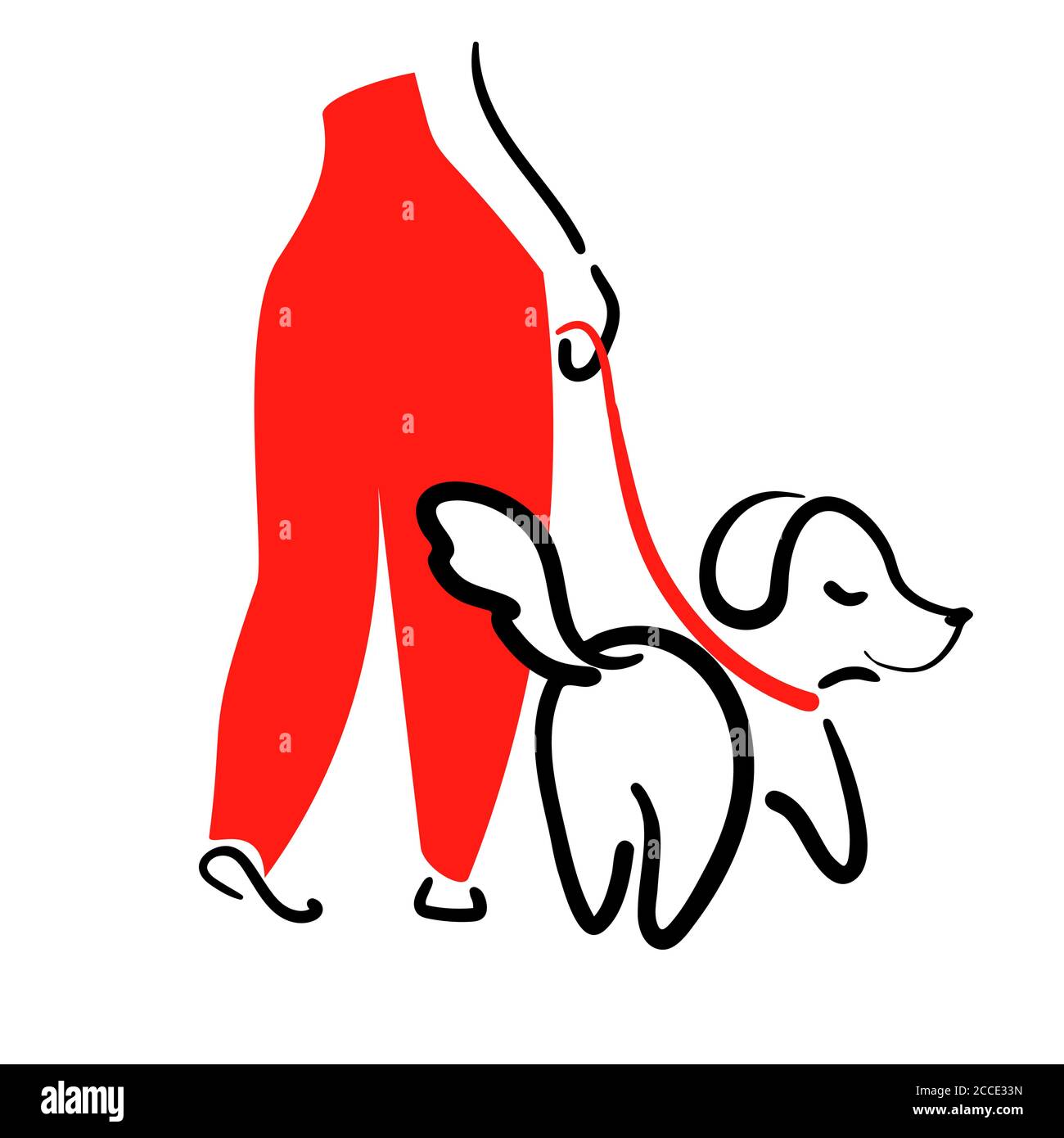 Illustrazione della linea del cane che cammina per la scheda moderna. Sketch PET cammina sul disegno vettoriale guinzaglio. Formazione di linee sottili cura degli animali. Cucciolo con evidenziazione minima del logo di disegno lineare umano. Illustrazione Vettoriale