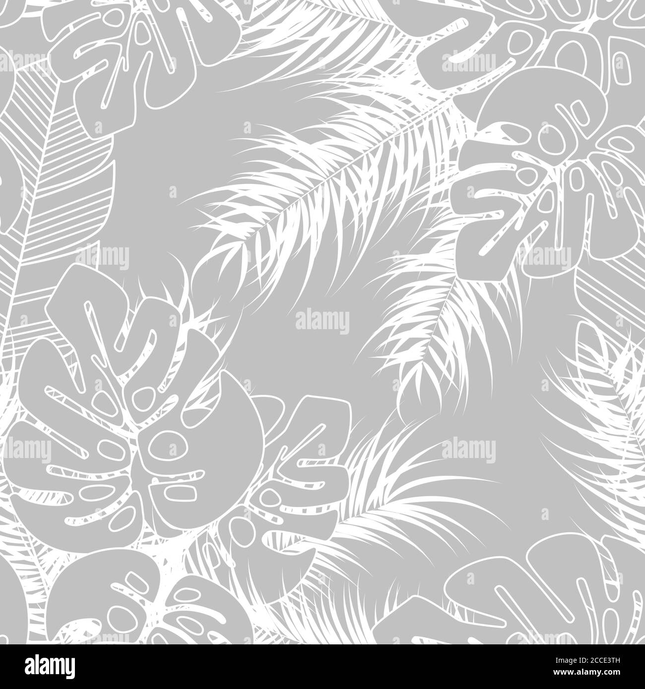 Estate motivo tropicale senza cuciture con foglie di palma monstera e piante su sfondo grigio, illustrazione vettoriale Illustrazione Vettoriale