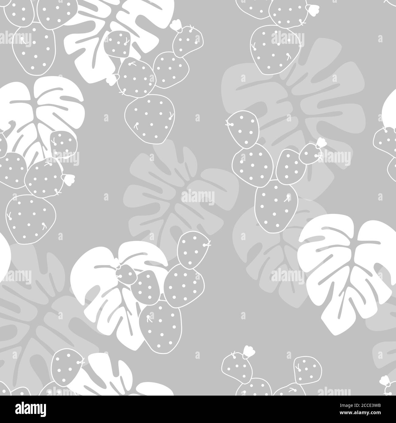 Motivo tropicale senza cuciture con foglie di palma monstera e cactus su sfondo grigio, illustrazione vettoriale Illustrazione Vettoriale