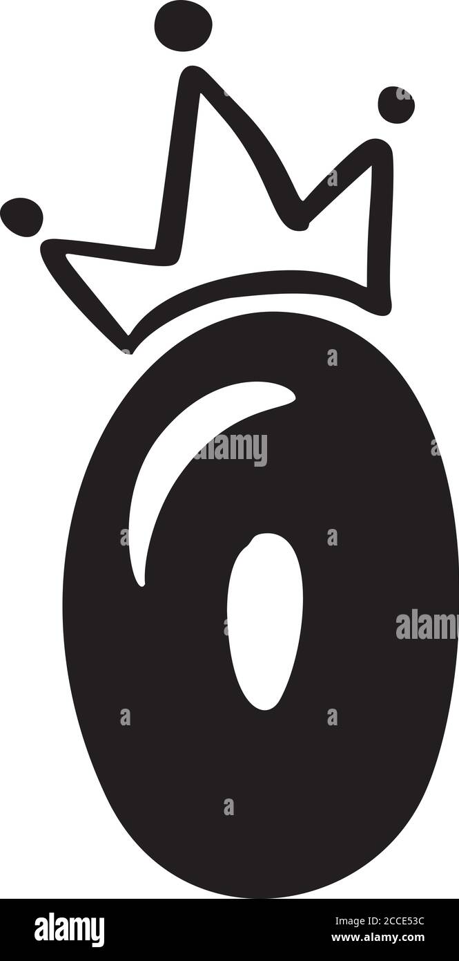 Vector Vintage Plump cute number 0 con corona. Logo del carattere Princess Element. San Valentino segno di alfabeto disegnato a mano per la decorazione e il disegno della pagina Illustrazione Vettoriale