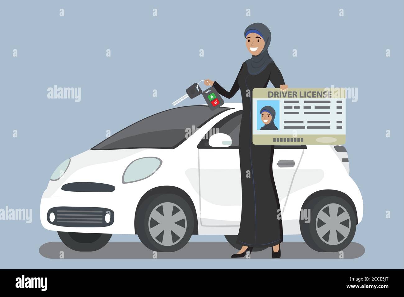 Ragazza araba felice o donna Saudita con patente di guida e. chiave auto in mano, immagine vettoriale piatta Illustrazione Vettoriale
