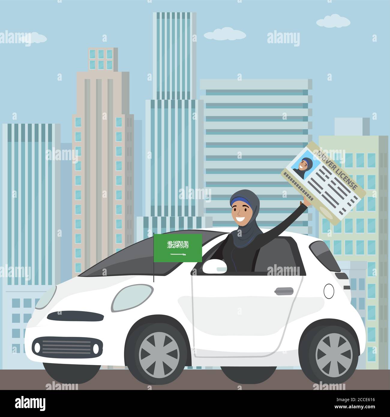 Happy Arab Girl o Saudita donna alla guida di un auto, patente di guida in mano, immagine vettoriale piatta Illustrazione Vettoriale