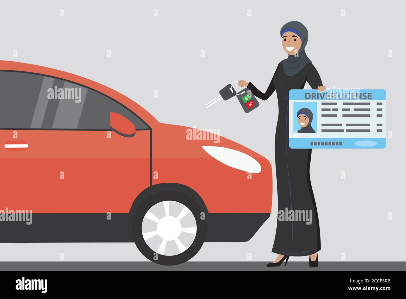Ragazza araba felice o donna Saudita con patente di guida e. chiave auto in mano, immagine vettoriale piatta Illustrazione Vettoriale