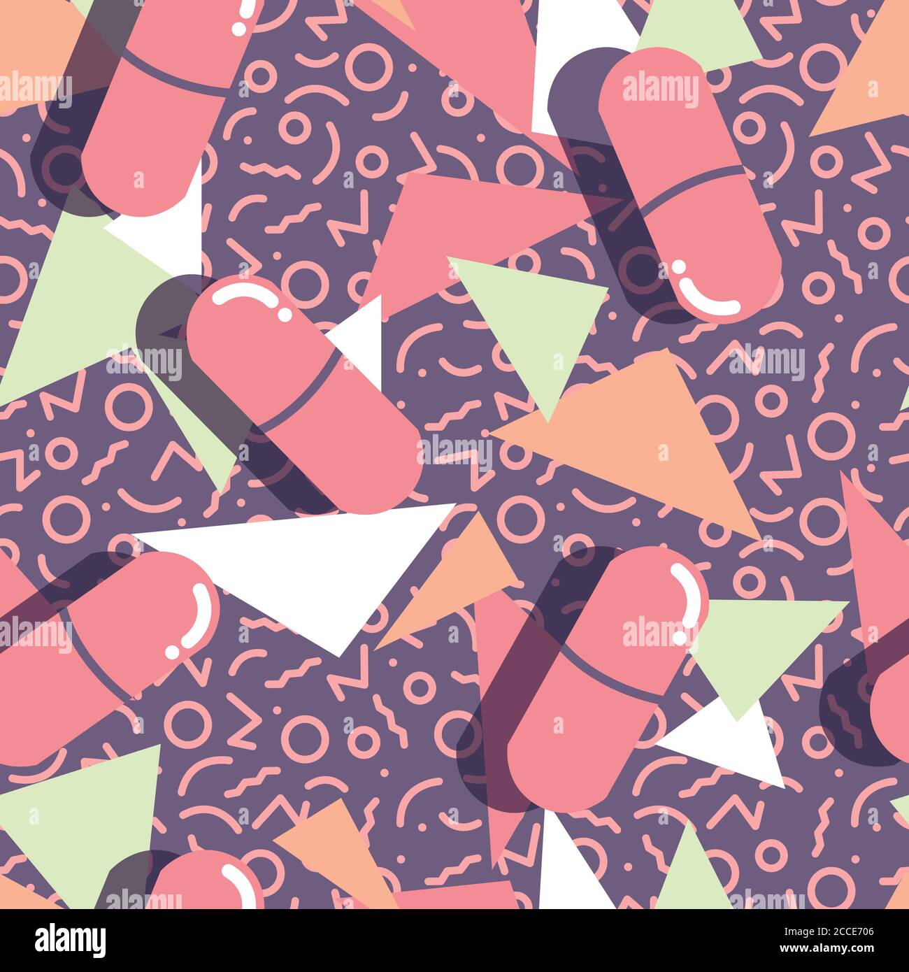 Pillole e capsule motivo senza giunture, pop design moderno, colori audaci e geometria, illustrazione vettoriale Illustrazione Vettoriale