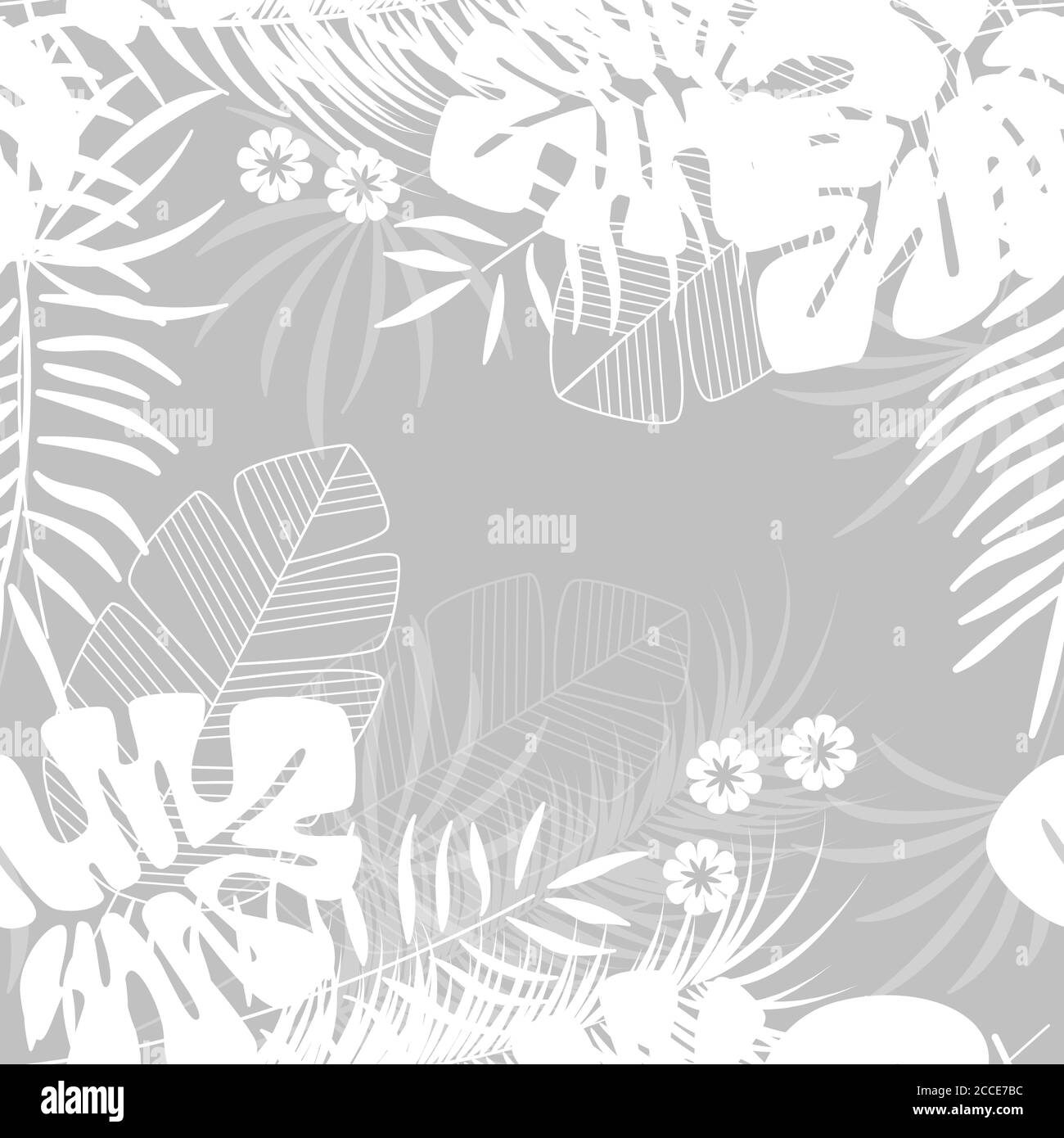 Estate motivo tropicale senza cuciture con foglie di palma monstera e piante su sfondo grigio, illustrazione vettoriale Illustrazione Vettoriale