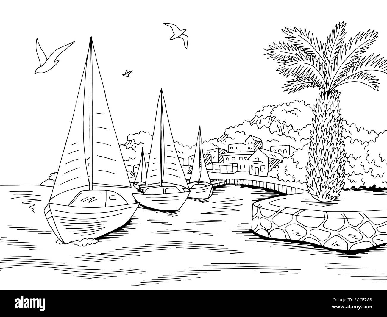 Lungomare molo grafico yacht mare baia nero bianco paesaggio schizzo vettore di illustrazione Illustrazione Vettoriale