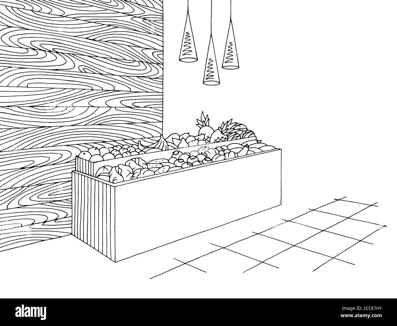 Negozio di alimentari interni nero bianco grafico disegno vettore illustrazione Illustrazione Vettoriale