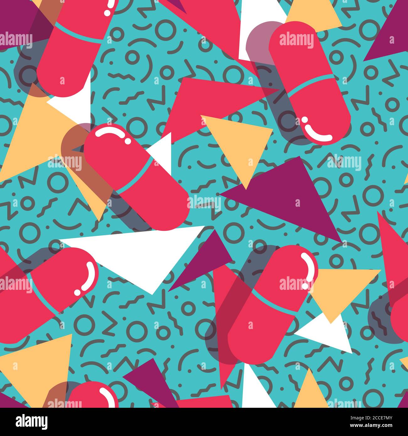 Pillole e capsule motivo senza giunture, pop design moderno, colori audaci e geometria, illustrazione vettoriale Illustrazione Vettoriale