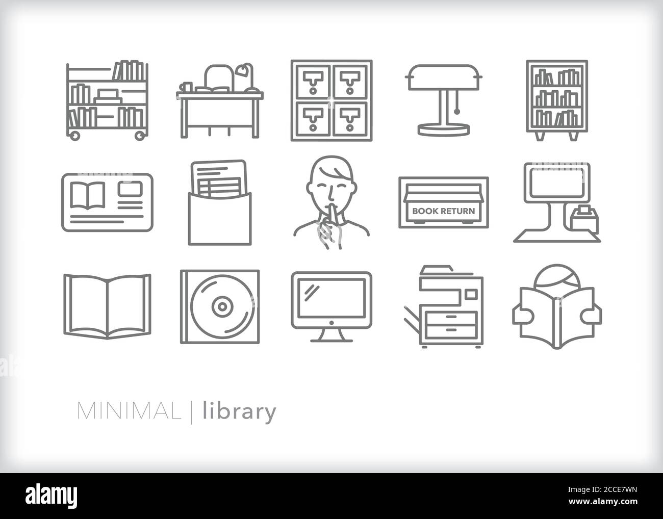Insieme di icone di libreria per l'utilizzo di risorse di riferimento, narrativa e narrativa in una biblioteca pubblica Illustrazione Vettoriale