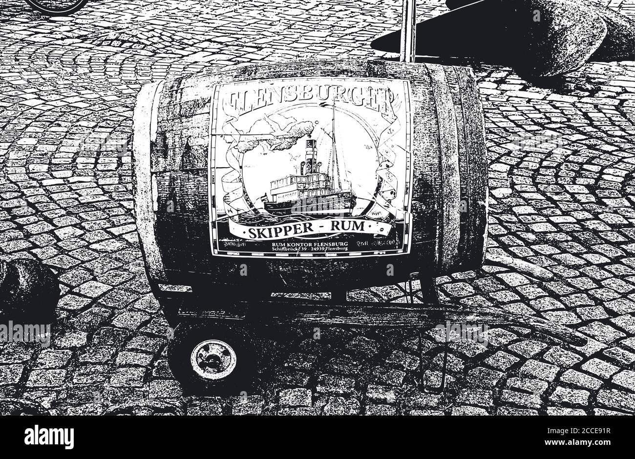 FLENSBURG, GERMANIA. 28 GENNAIO 2020. Barile con pubblicità di Rum Kontor Flensburg sulla strada. Illustrazione Vettoriale
