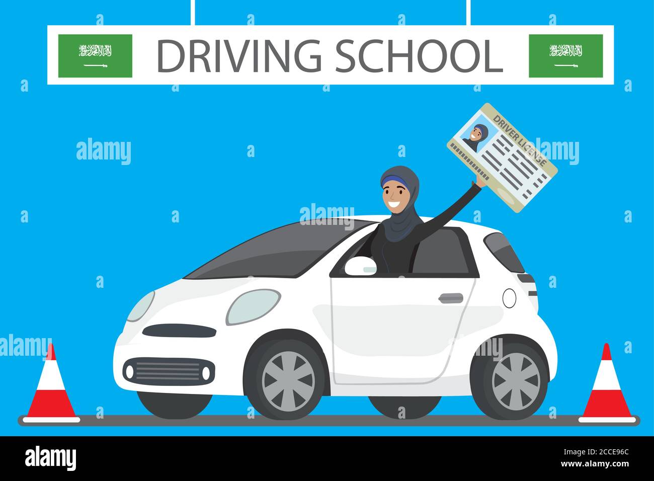 Scuola di guida dell'arabia Saudita, ragazza araba felice o donna Saudita che guida auto bianca, patente di guida in mano, immagine vettoriale piatta Illustrazione Vettoriale