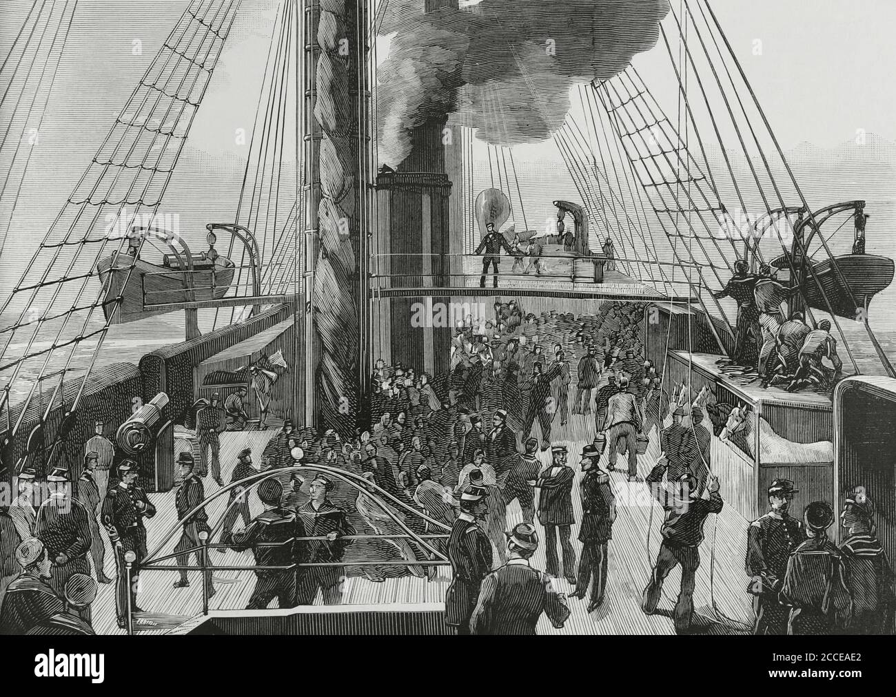 Conquista francese della Tunisia. Il conflitto algerino. Il ponte della fregata 'Surveillante' al momento della partenza dal porto francese di Tolone (13 aprile 1881). Questa stessa nave da guerra fu quella che bombardò dodici giorni dopo il forte dell'isola di Tabarka, la cui guarnigione tunisina lasciò la posizione senza opporre alcuna resistenza. Incisione. La Ilustracion Española y americana, 1881. Foto Stock