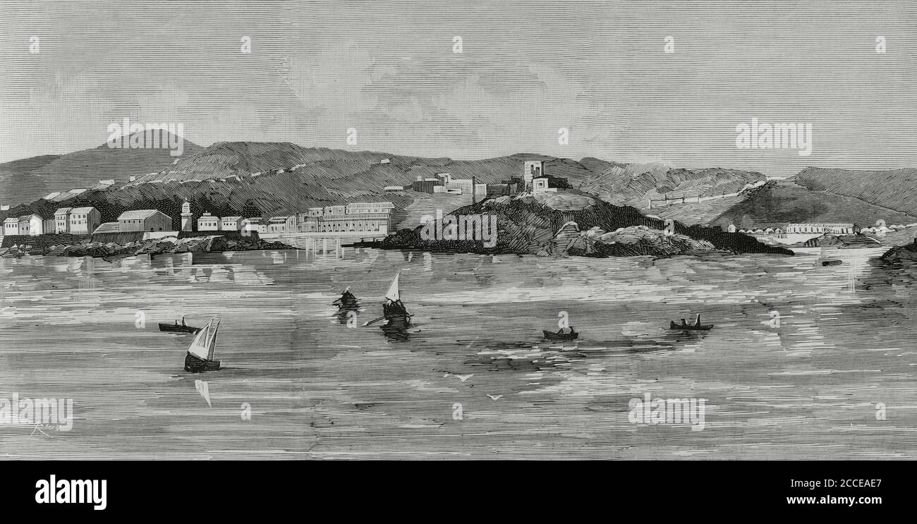Conquista francese della Tunisia. Leonard-Leopold Forgemol de Bostquenard (1821-1897). Francese generale. Nel 1881 era al comando dell'esercito per la regione di Costantino, Algeria. Fu ordinato dal governo di Jules Ferry di dirigere le operazioni militari in Tunisia, da aprile a luglio 1881. Spedizione delle truppe francesi in Tunisia. Vista del porto dell'emporio commerciale di la Calle, in Algeria, scelto per lo sbarco e la concentrazione di truppe di spedizione a causa della sua vicinanza al confine con la Tunisia. Incisione di Bernardo Rico (1825-1894). La Ilustracion Española y Americ Foto Stock