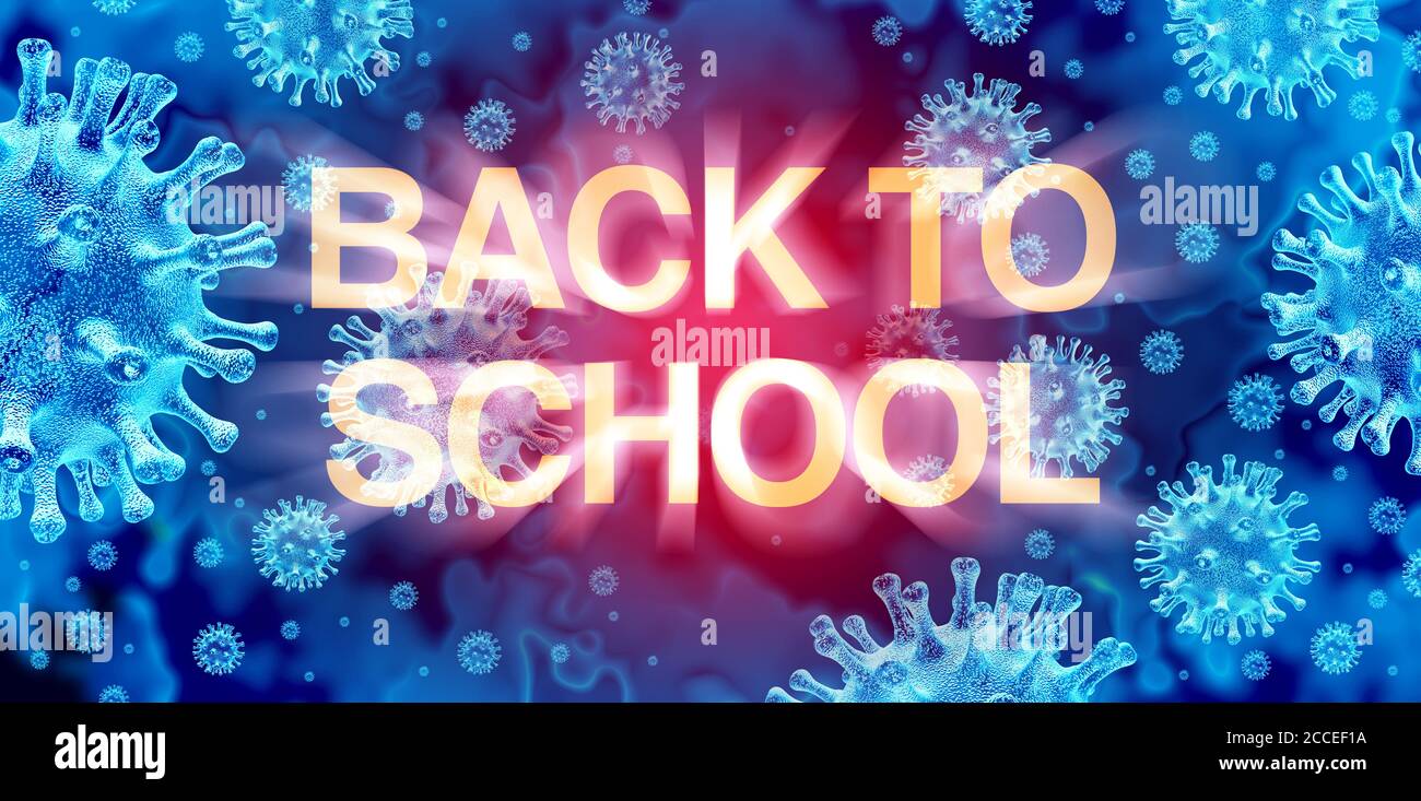 Ritorno alla scuola virus e epidemia di influenza per la prevenzione del coronavirus o del covid-19 come concetto di sicurezza dell'istruzione come rendering 3D. Foto Stock