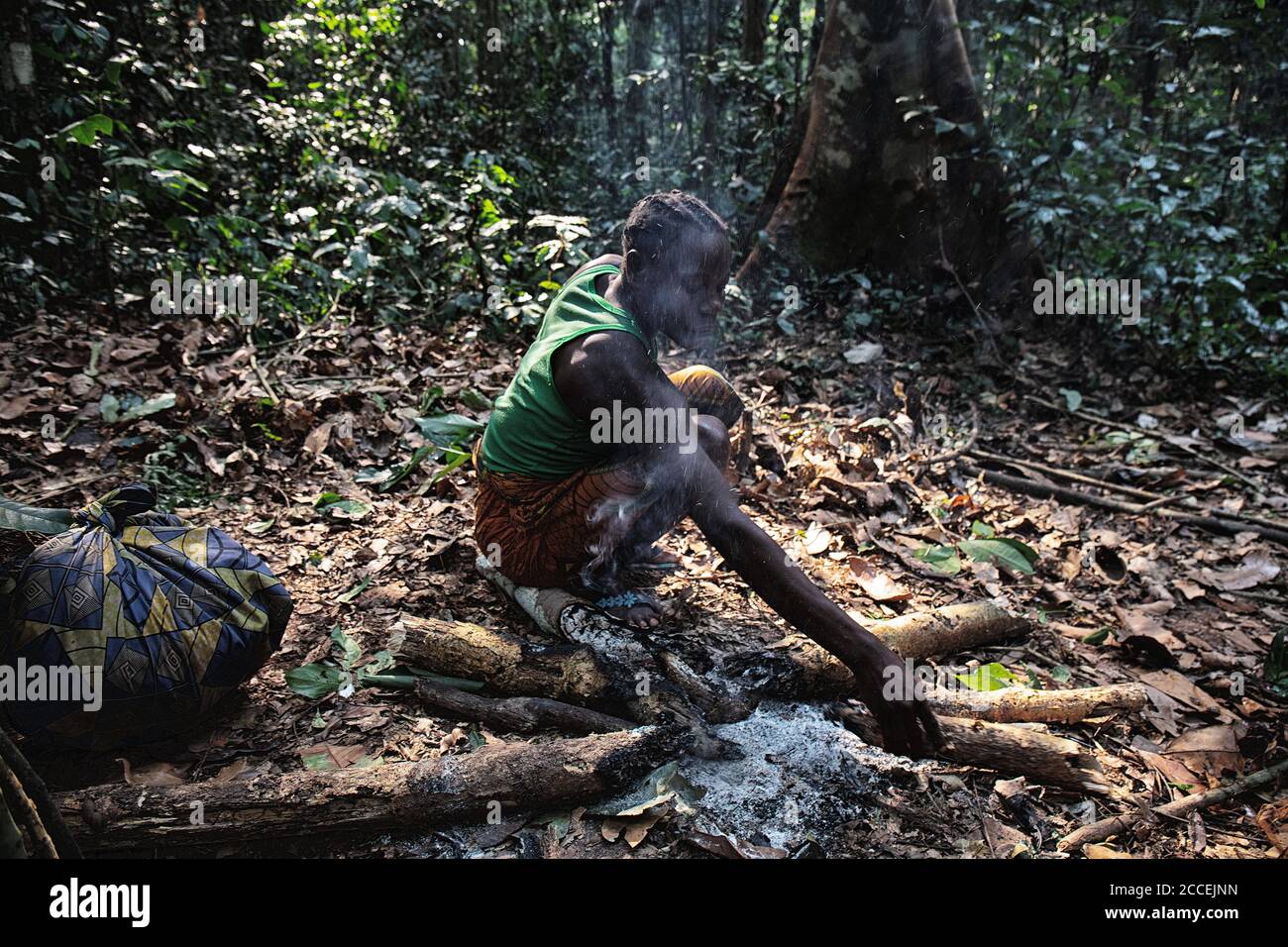Tribù dei Pigmy nella riserva forestale di Dzanga-Sanha, Repubblica Centrafricana Foto Stock