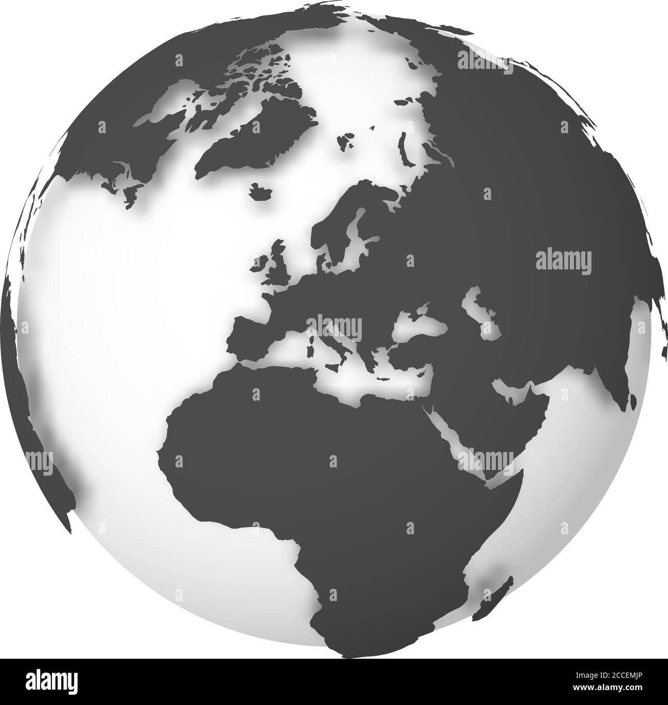 Globo terrestre. Mappa del mondo 3D con terre bianche che cadono ombre su mari e oceani grigio chiaro. Illustrazione vettoriale. Illustrazione Vettoriale