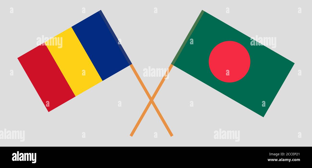 Bandiere incrociate del Bangladesh e della Romania. Colori ufficiali. Proporzione corretta. Illustrazione vettoriale Illustrazione Vettoriale