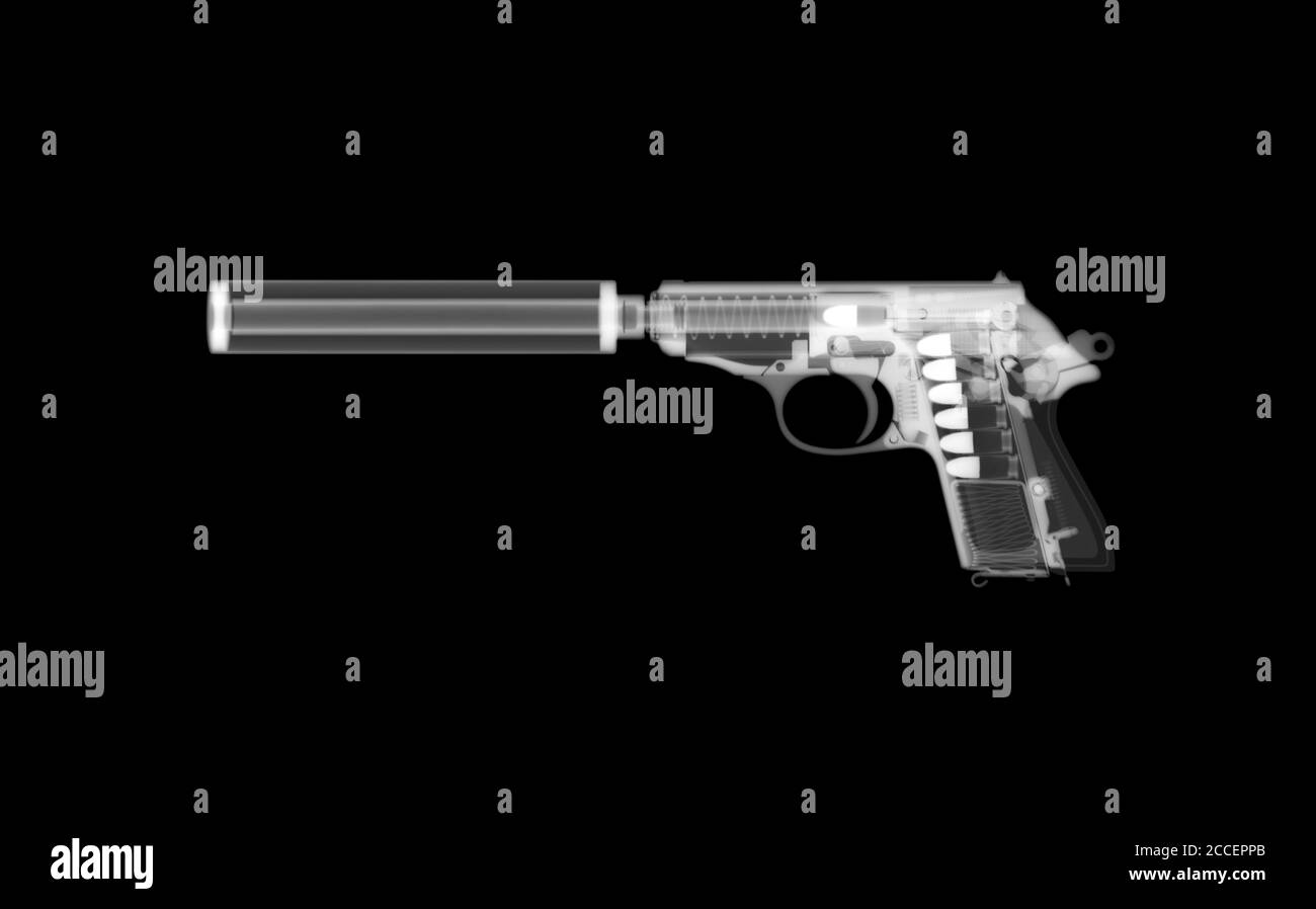 Pistola Walther PPK con silenziatore, raggi X. Foto Stock