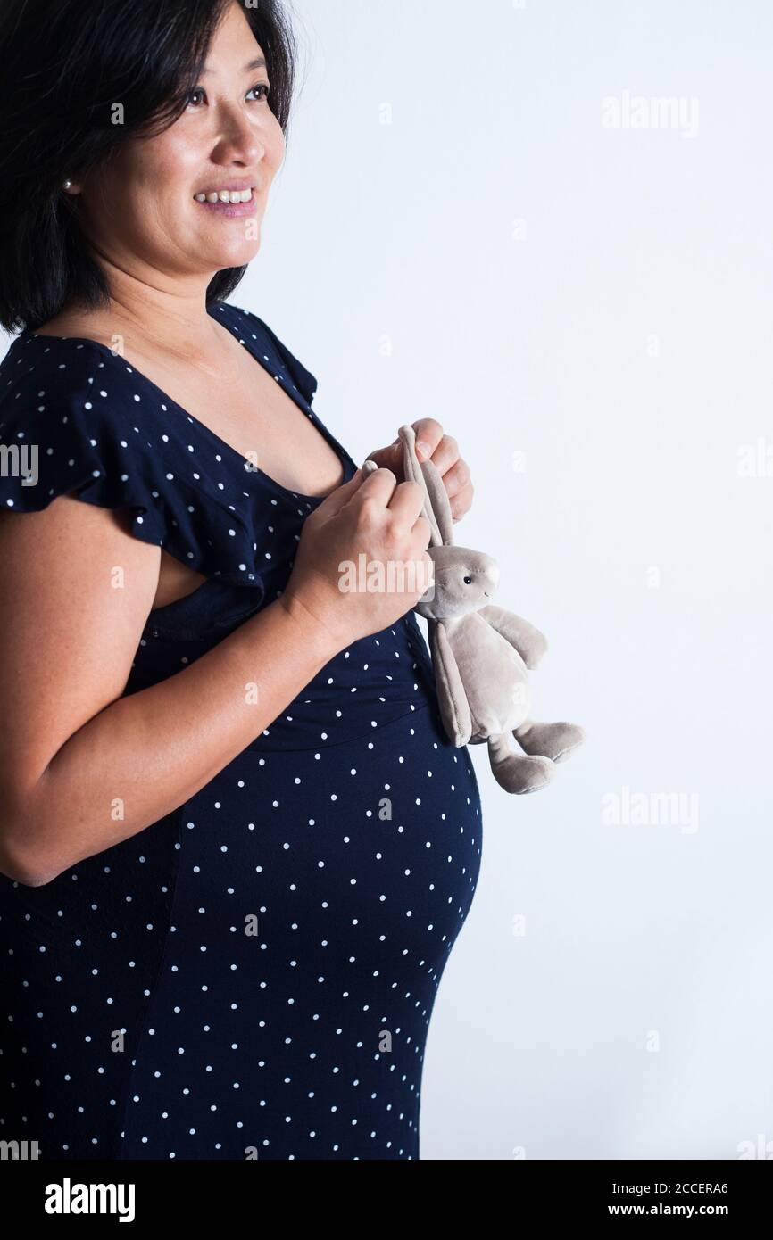 Donna incinta che tiene un giocattolo morbido Foto Stock
