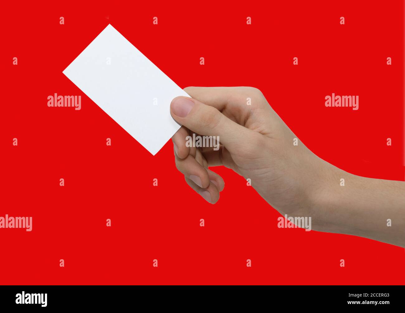 Mano maschio che tiene la scheda bianca isolata su sfondo rosso con spazio per carta business o di credito Foto Stock