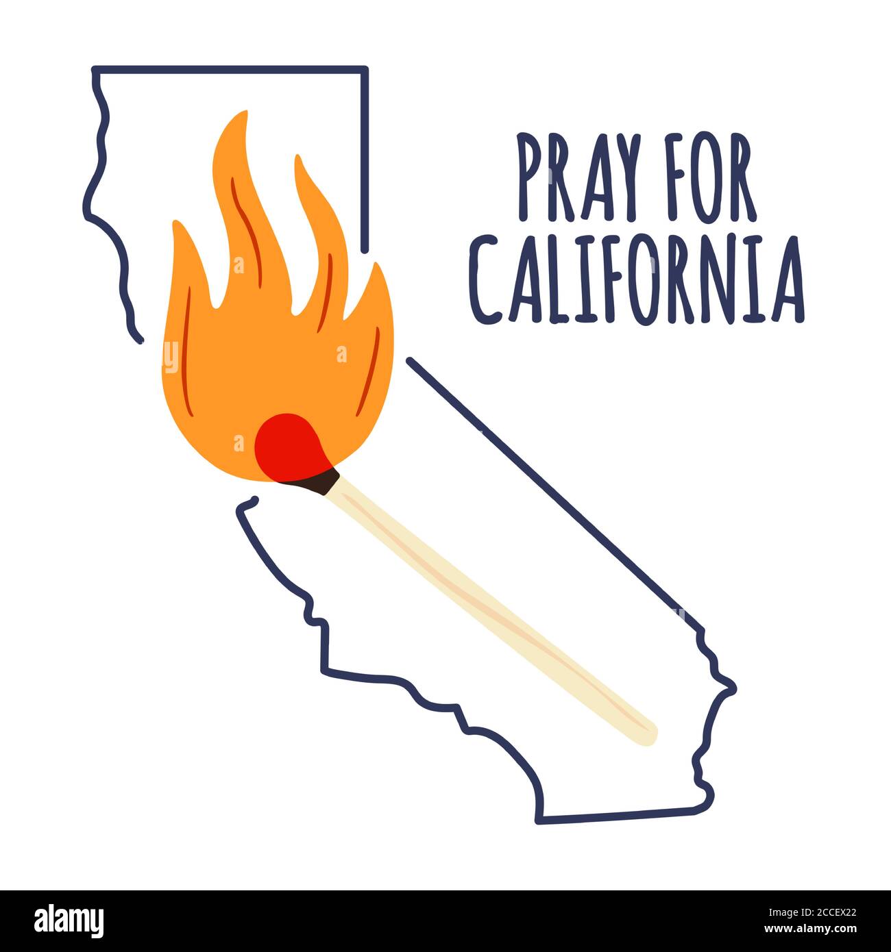 Illustrazione a sostegno della California meridionale dopo un incendio. Mappa dello stato della California, Flame e testo della California. Illustrazione Vettoriale