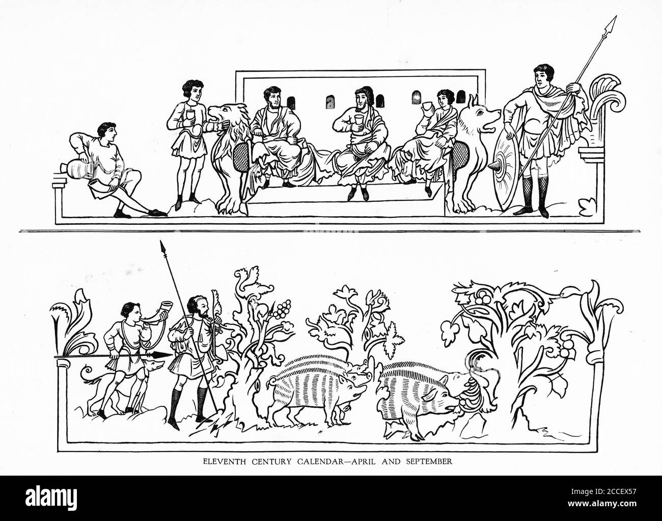 Illustrazioni di un calendario del 11 ° secolo, che mostra aprile e settembre. Da una serie di poster scolastici per la storia e gli studi sociali c 1930 Foto Stock