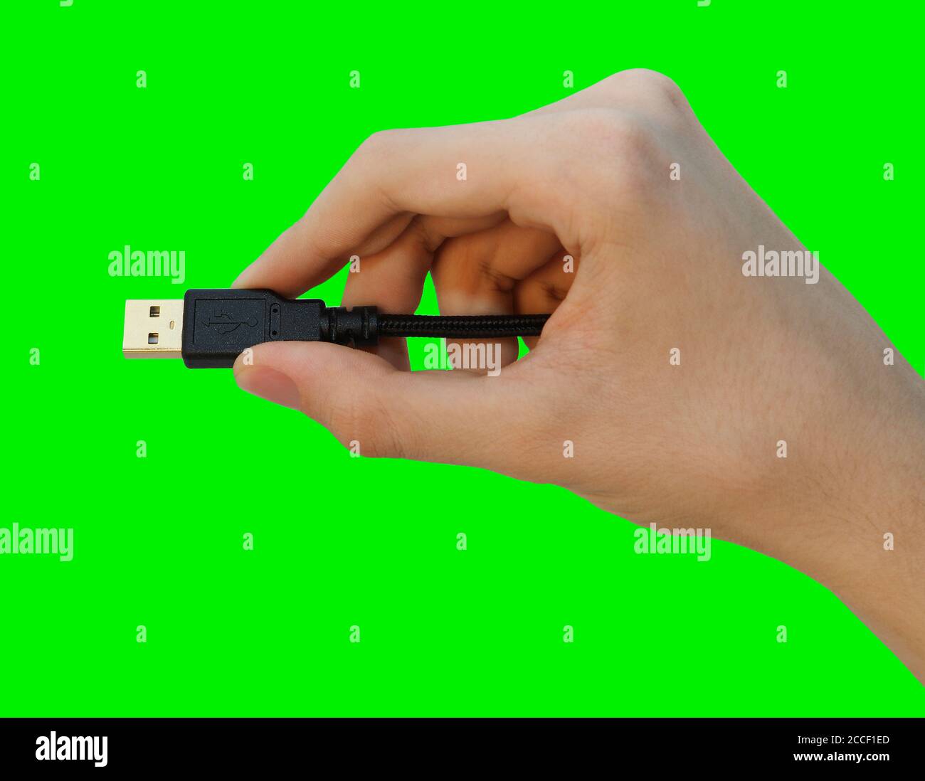 Primo piano cavo usb nero con presa a mano maschio per PC e dispositivi mobili isolato su sfondo verde, concetto di comunicazione di persone. Foto Stock