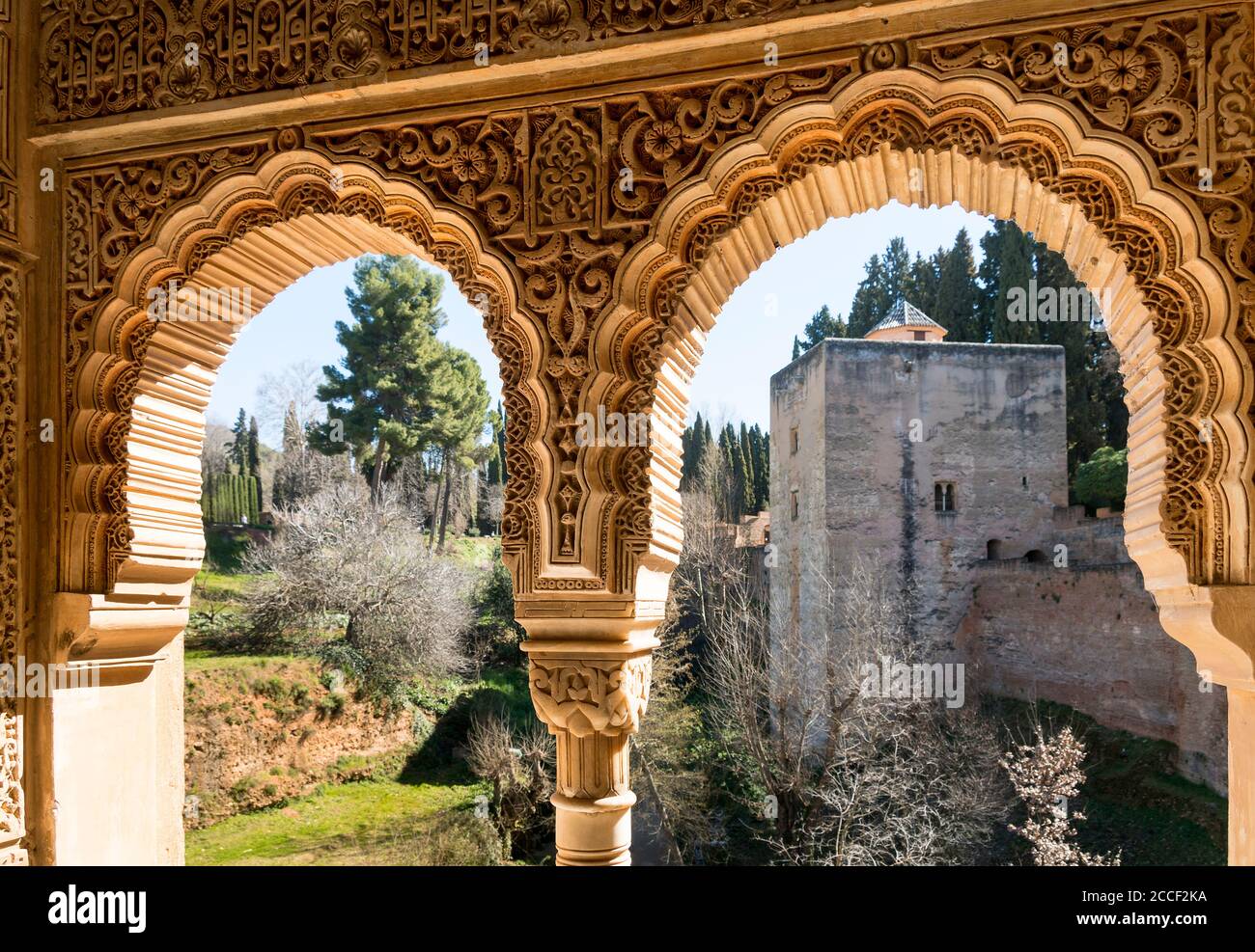 Spagna, Granada, Alhambra, Torre de la Cautiva, Torre dei prigionieri, finestra Foto Stock