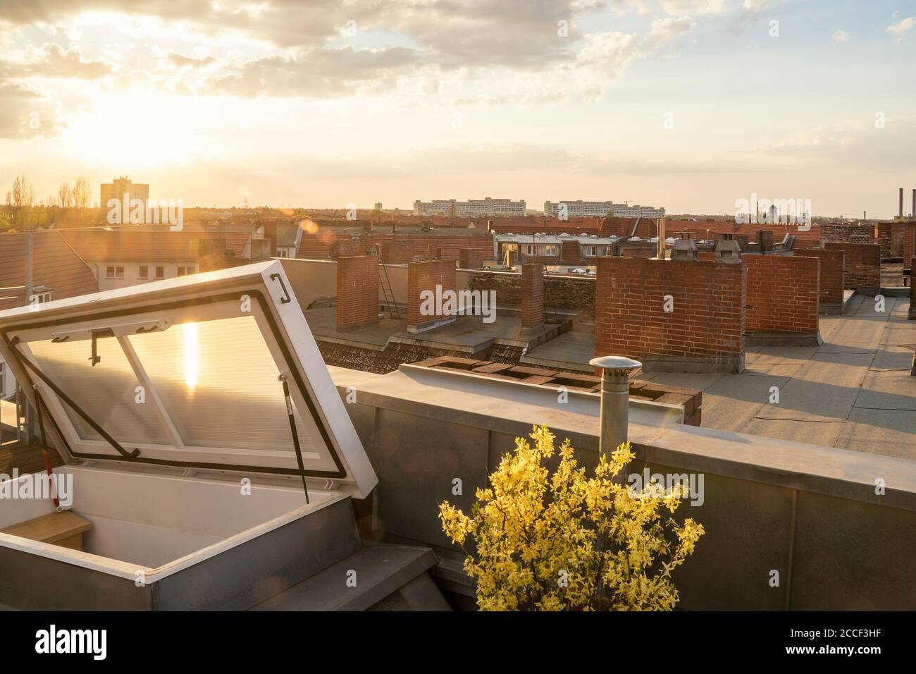 Berlino, mansarda, terrazza, tetto panoramico con camini, tetto apribile, luce posteriore Foto Stock