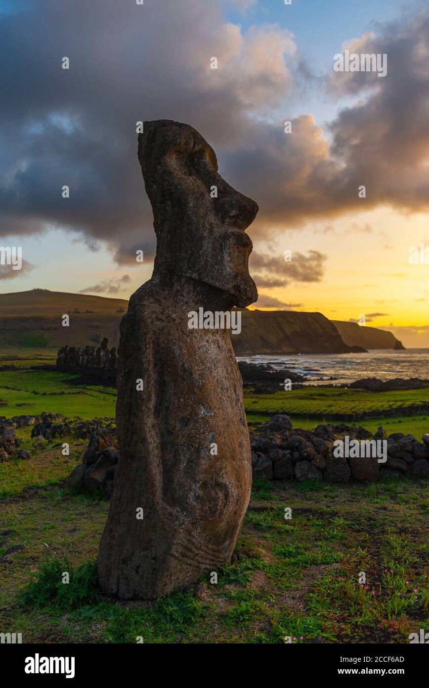 Moai all'alba con AHU Tongariki sullo sfondo, Isola di Pasqua (Rapa Nui), Cile. Foto Stock