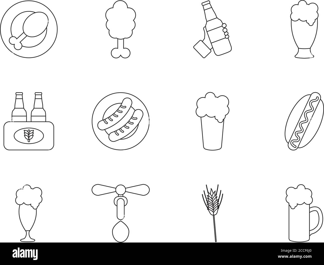 bottiglie di birra e icona oktoberfest su sfondo bianco, stile linea, illustrazione vettoriale Illustrazione Vettoriale