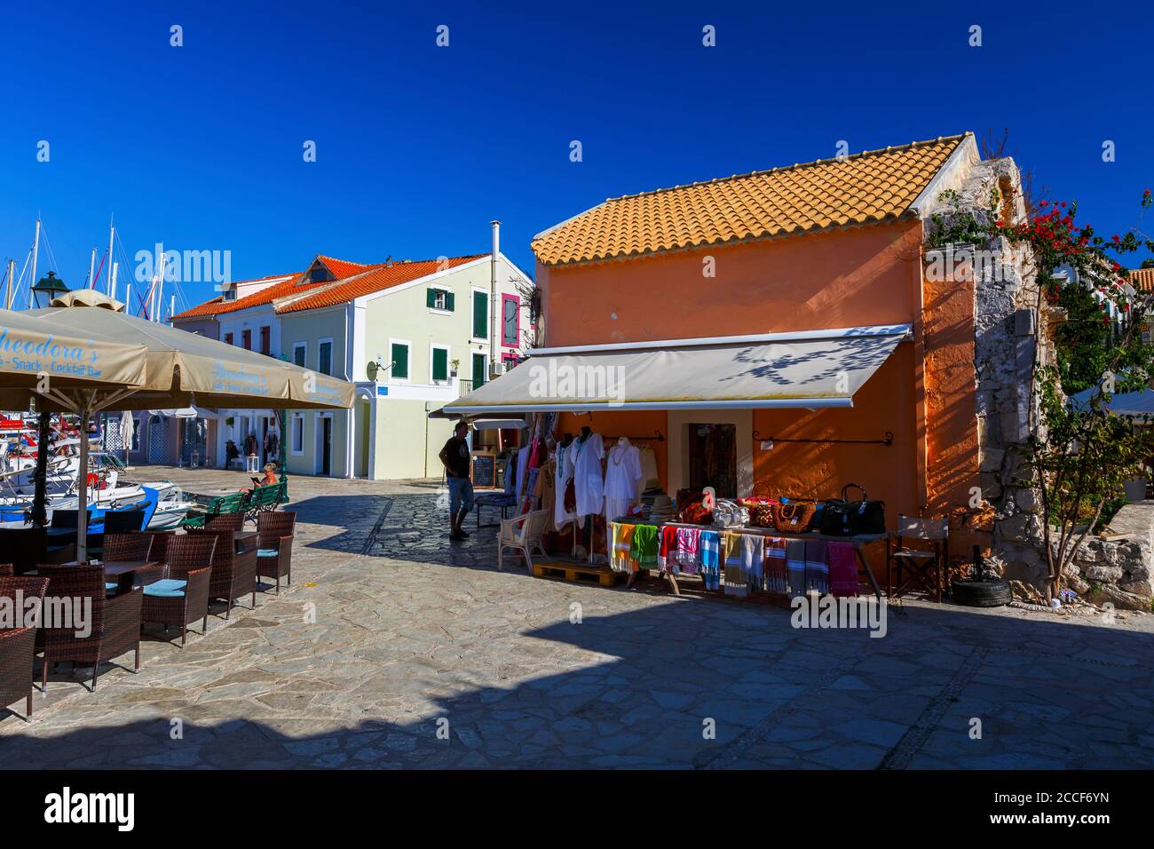 Fiskardo villaggio sull'isola di Cefalonia in Grecia. Foto Stock