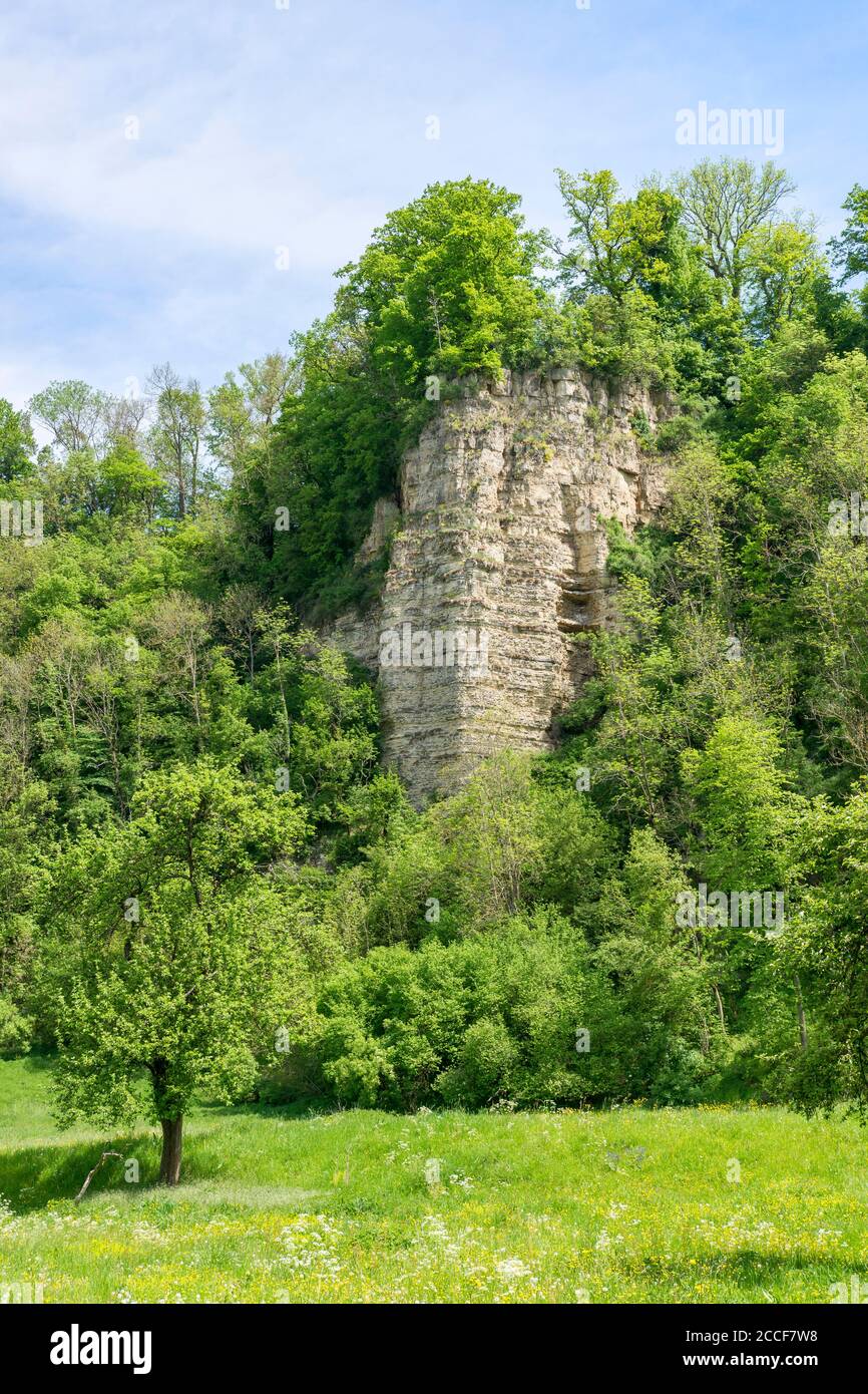 Germania, Baden-Wuerttemberg, Epfendorf, roccia di Ramstein nella valle di Schischem presso il Butschhof Foto Stock