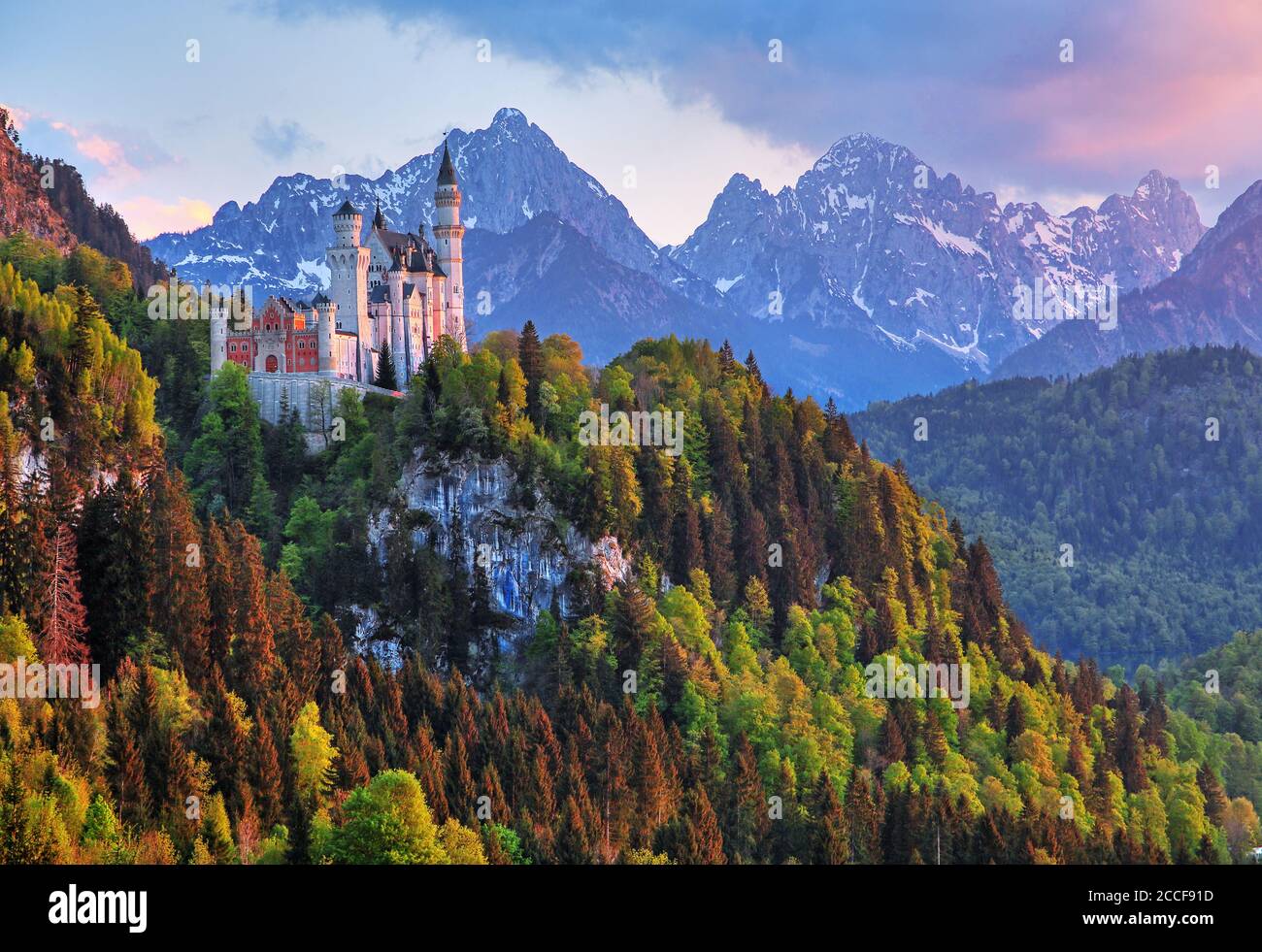 Paesaggio primaverile con il Castello di Neuschwanstein contro i Monti Tannheim, Hohenschwangau, strada Romantica, Ostallgäu, Allgäu, Swabia, Baviera, Germania Foto Stock